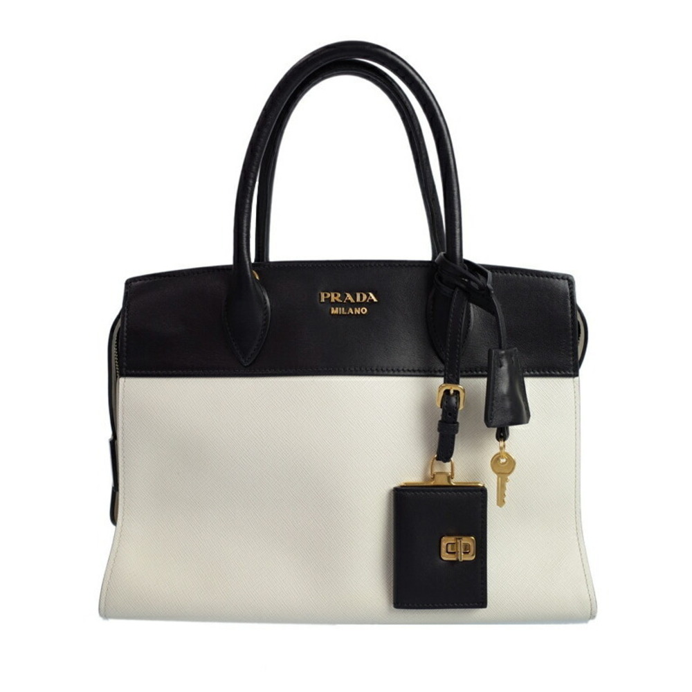 Prada Esplanade bicolor city satchel bag black white Saffiano leather